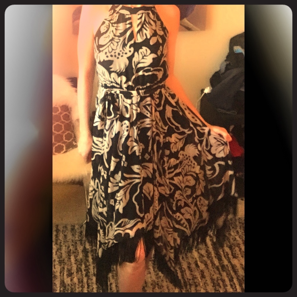NY & CO Sz XS Fringe Tropical black beige dress!